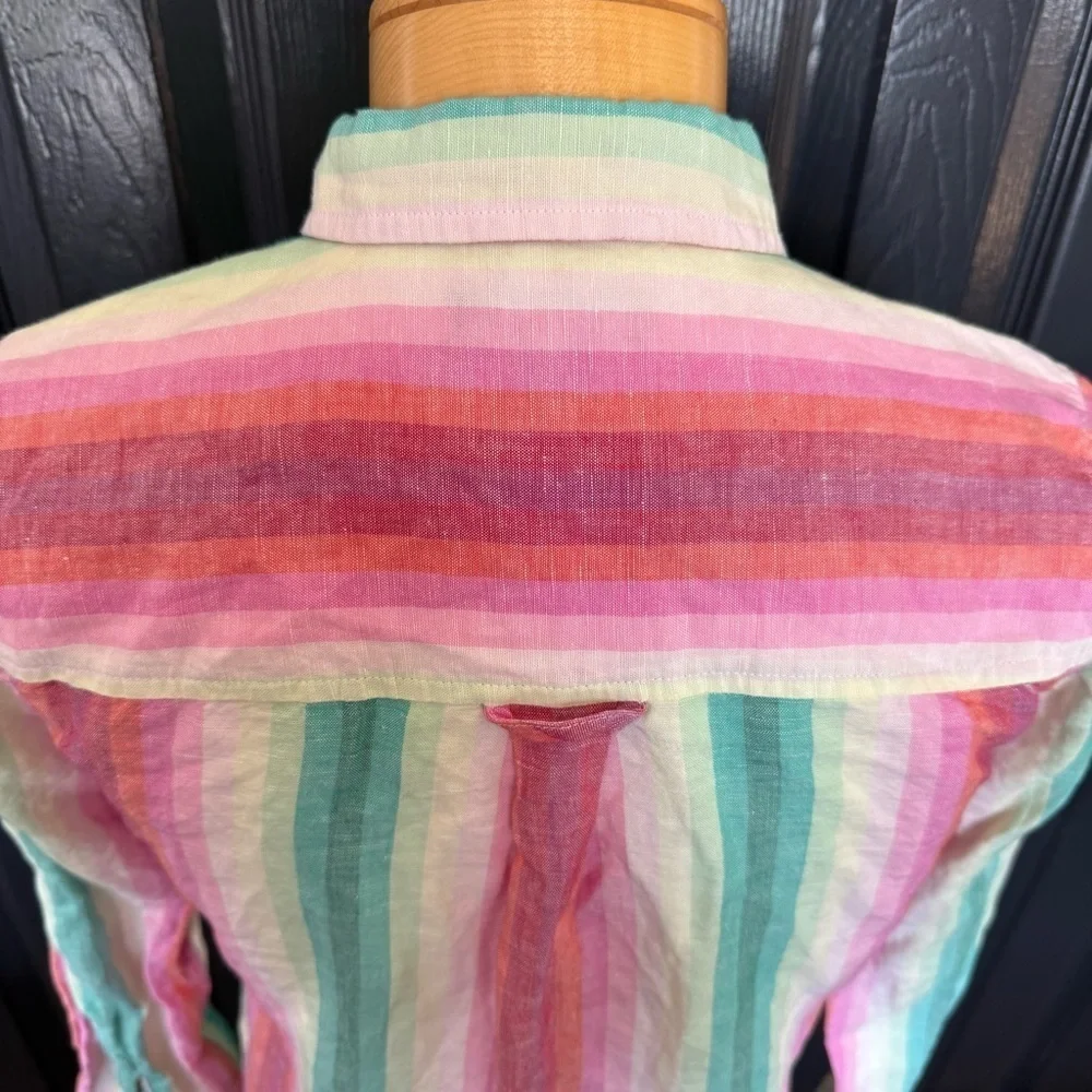 J Crew Linen Blend Classic Fit Boy Shirt in Rainbow Stripe Size 4